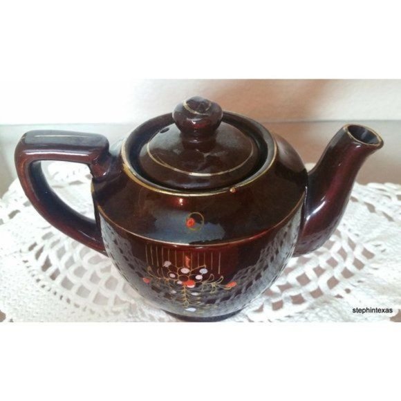 Antqiue Occupied Japan Teapot Brown Glazed Ceramic Hand Painted Flowers - Picture 3 of 12